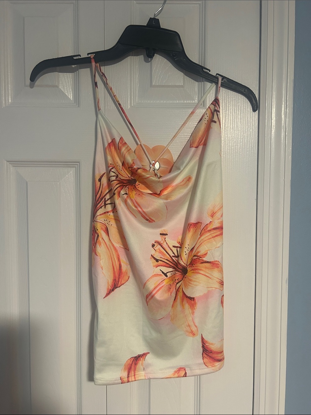 Fashion Nova White Cowl Neck Cami with Orange Floral Print